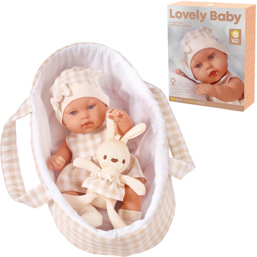 LALKA BOBAS REALISTYCZNA Z KRÓLICZKIEM + NOSIDEŁKO AKCESORIA łóżeczko 33 cm NA PREZENT 