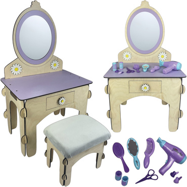 DREWNIANA TOALETKA  dla dziewczynki Z TABORETEM I AKCESORIAMI