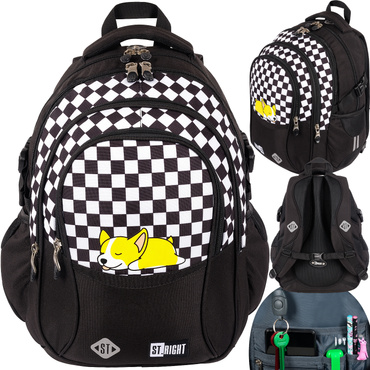 PLECAK SZKOLNY TORNISTER KRATA SZACHOWNICA 4-KOMOROWY ST.RIGHT BP-01 SLEEPY CORGI