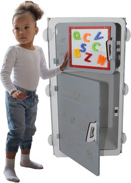 TABLICA KREDOWA MAGNETYCZNA DREWNIANA 4w1 LICZYDŁO ZEGAR Akcesoria SZARA