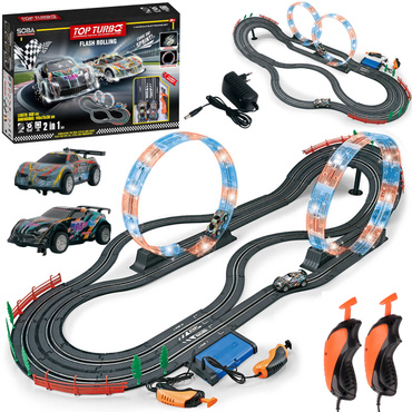 DUŻY TOR SAMOCHODOWY LED 2w1 Wyścigowy ELEKTRYCZNY 600cm 2 AUTA 2 wersje toru