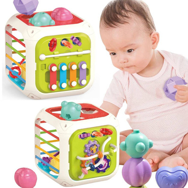 KOSTKA EDUKACYJNA Z CYMBAŁKAMI SORTER KLOCKI PANEL E-EDU