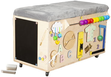 SKRZYNIA PUFA MANIPULACYJNA na zabawki TABLICA MONTESSORI na kółkach