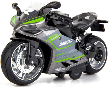 MOTOCYKL Z NAPĘDEM MOTOR Światło Dźwięk POJAZD ŚCIGACZ SZARY Z ZIELONYM