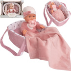 LALKA BOBAS ZE SZKLANYMI OCZAMI NOSIDEŁKO AKCESORIA łóżeczko ZESTAW NA PREZENT