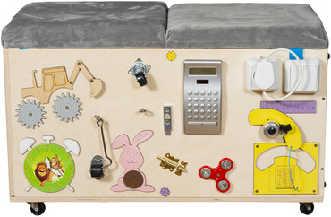 SKRZYNIA PUFA MANIPULACYJNA na zabawki TABLICA MONTESSORI na kółkach