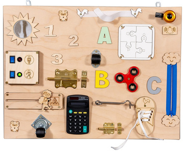 DREWNIANA TABLICA MANIPULACYJNA ELEKTRONICZNA SENSORYCZNA MONTESSORI NATURALNA