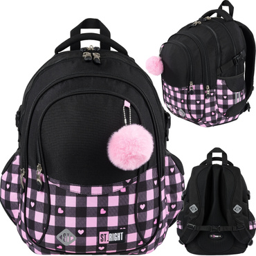 PLECAK SZKOLNY TORNISTER SZACHOWNICA SERDUSZKA 4-KOMOROWY ST.RIGHT BP-01 PINK CHECKERED