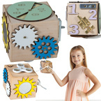 DREWNIANA KOSTKA MANIPULACYJNA SENSORYCZNA MONTESSORI 8W1 NATURALNA
