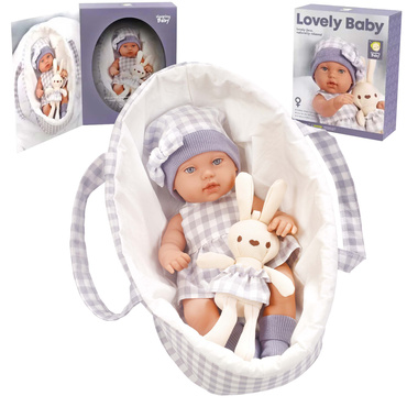 LALKA BOBAS REALISTYCZNA Z KRÓLICZKIEM + NOSIDEŁKO AKCESORIA łóżeczko 33 cm NA PREZENT 