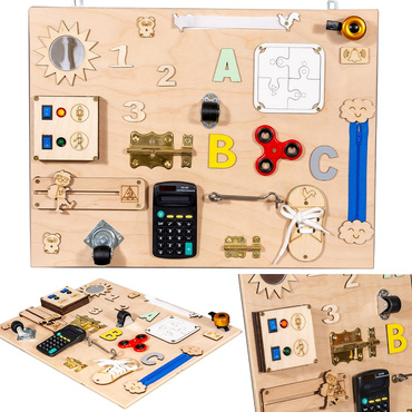 DREWNIANA TABLICA MANIPULACYJNA ELEKTRONICZNA SENSORYCZNA MONTESSORI NATURALNA