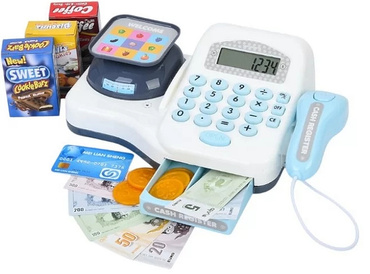 KASA SKLEPOWA DLA DZIECI Z KALKULATOREM elektroniczna SKANER WAGA akcesoria