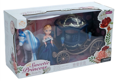 KARETA DYNIA Z CHODZĄCYM KONIEM i LALKĄ KSIĘŻNICZKĄ Chodzący KOŃ KAROCA NIEBIESKA