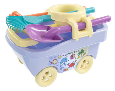 MOCHTOYS WÓZEK NA ZABAWKI PRZYCZEPKA Z ZESTAWEM DO OGRODU PIASKU ZIELONY PASTELOWY