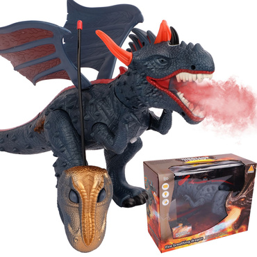 DINOZAUR STEROWANY SMOK CHODZI RYCZY ZIEJE PARĄ ŚWIECI 52CM PILOT RC