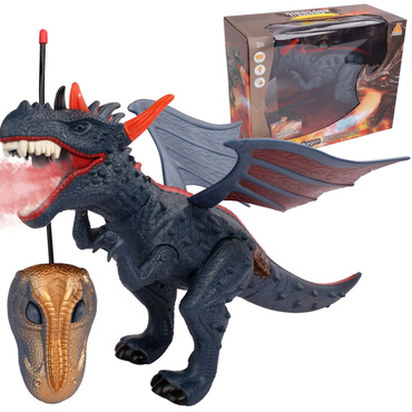 DINOZAUR STEROWANY SMOK CHODZI RYCZY ZIEJE PARĄ ŚWIECI 52CM PILOT RC