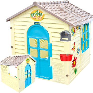 DUŻY DOMEK OGRODOWY DLA DZIECI Z TABLICĄ I OKIENNICAMI Mochtoys