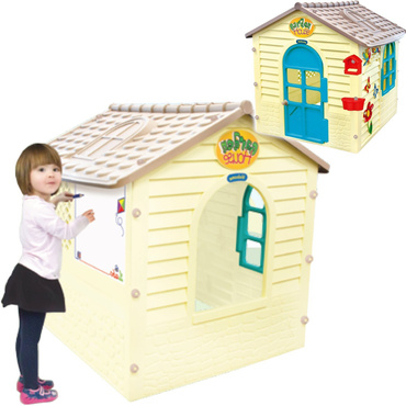 DUŻY DOMEK OGRODOWY DLA DZIECI Z TABLICĄ I OKIENNICAMI Mochtoys