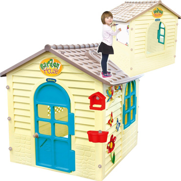 DUŻY DOMEK OGRODOWY DLA DZIECI Z TABLICĄ I OKIENNICAMI Mochtoys